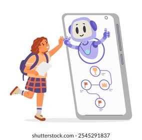 School girl giving high five to Ai robot in smartphone. Artificial intelligence in education concept flat vector illustration isolated on white.