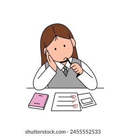 a school girl is grading her test papers. she is trying to figure out what's wrong with it.  cartoon style illustration clip art. 