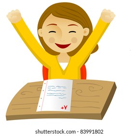 School girl hand raised with an a+ test