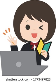 School girl have beginner.she is studying on laptop computer.Vector illustration.