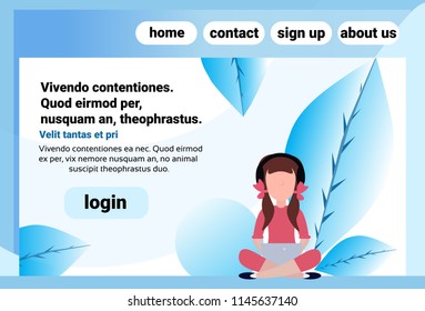 school girl headphones sitting pose isolated using tablet female faceless cartoon character horizontal copy space flat vector illustration