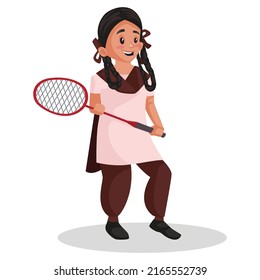 School girl is holding badminton in hands. Vector graphic illustration. Individually on white background.