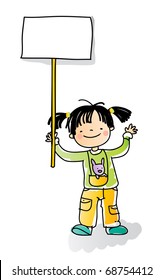 school girl holding blank sign, cartoon kids watercolor style series. grouped and layered for easy editing