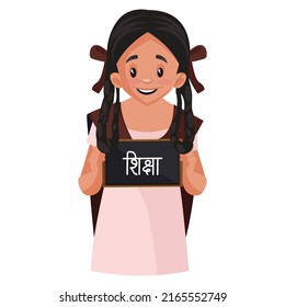 School girl is holding a board in hand. Shiksha Hindi text translation- Education. Vector graphic illustration. Individually on white background. 