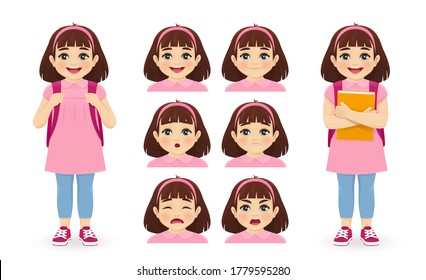 School girl holding book with backpack emotions set isolated vector illustration