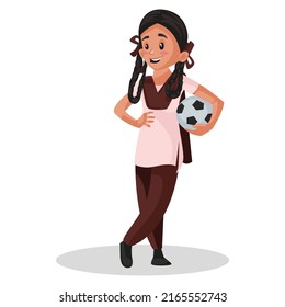 School girl is holding a football in hand. Vector graphic illustration. Individually on white background.