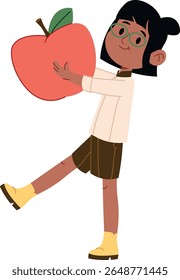 Garota de escola segurando uma maçã gigante em um estilo de desenho animado divertido. Jovem estudante agarrando uma fruta de grandes dimensões com uma expressão alegre. Ilustração de vetor de desenhos animados.