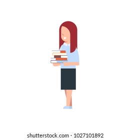 School Girl Holding Stack Of Books Isolated Cute Caucasian Schoolgirl Wearing Uniform Flat Vector Illustration