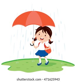 School Girl Holding Umbrella Rain Vector Stock Vector (Royalty Free ...