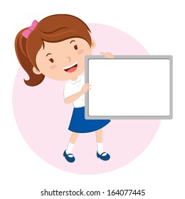 School girl holding whiteboard. She is giving a presentation.