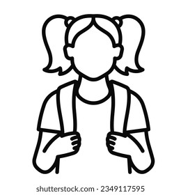 School girl icon. Young student with backpack is standing, front view. Linear icon, thin editable strokes. 