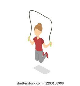 School Girl Jumping With The Skipping Rope. Little Kid Doing Sport Exercise. Helathy Lifestyle Concept. Isolated Vector Isometric Illustration