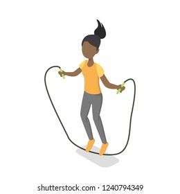 School Girl Jumping With The Skipping Rope. Little Kid Doing Sport Exercise. Helathy Lifestyle Concept. Isolated Vector Isometric Illustration