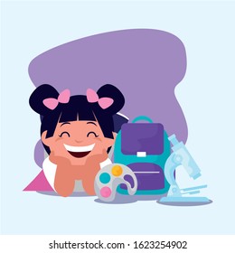 School girl kid with bag design, Eduaction class lesson knowledge preschooler study learning classroom and primary theme Vector illustration