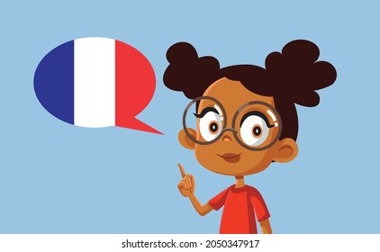 School Girl Learning French Language Vector Cartoon. Young child expanding her vocabulary learning new words in foreign language
