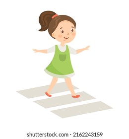 School girl learning traffic rules cartoon illustration. Cute children crossing road on green light, walking on street crosswalk