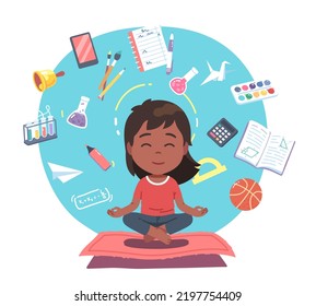 School girl meditating with supplies floating around. Schoolgirl student child person sitting in lotus pose relaxing surrounded by book, pen. Education stress relief concept flat vector illustration