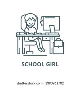 School girl on the table with computer,  vector line icon, linear concept, outline sign, symbol