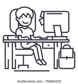 school girl on the table with computer, book and backpack vector line icon, sign, illustration on background, editable strokes