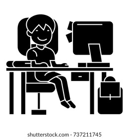 school girl on the table with computer, book and backpack  icon, vector illustration, sign on isolated background