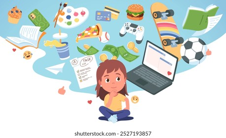 Garota da escola pensando sobre educação, planejamento de atividades. Pensando criança imagine livros, suprimentos, jogos, dinheiro, comida, esporte em nuvem de pensamento. Ilustração vetorial do conceito futuro da infância