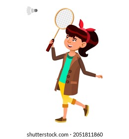 School Girl Playing Badminton Sport Game Vector. Asian Schoolgirl Player Play With Racket And Shuttlecock In Badminton. Character Teenager Sportive Competition Flat Cartoon Illustration