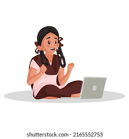 School girl is playing games on a laptop. Vector graphic illustration. Individually on white background. 