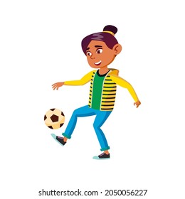 School Girl Playing Soccer Sport With Ball Vector. Hispanic Schoolgirl Play Football Team Game With Ball On Field. Character Teenager Sportive Active Time Flat Cartoon Illustration