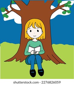 School Girl Reading Book Under Tree Vector Illustration