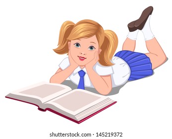 School girl is reading book vector illustration  isolated on white