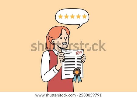 School girl received 100 points for educational test, for accelerated promotion to next grade. School girl demonstrates certificate of victory in olympiad and intellectual superiority over peers