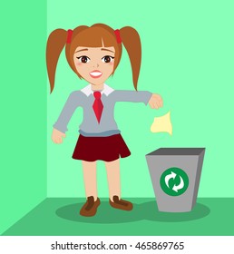 school girl recycling bin vector