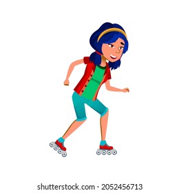 School Girl Riding Roller Skates Outdoor Vector. Asian Happy Schoolgirl Teenager Ride Roller Skates In Park Or Track. Character Young Lady Skating Sportive Active Time Flat Cartoon Illustration