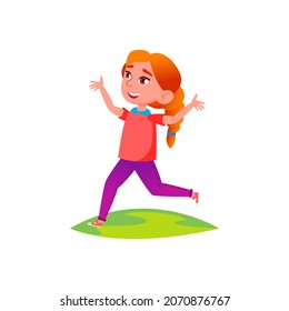 School Girl Run And Enjoy In Park Outside Vector. Happy Caucasian Schoolgirl Enjoying Nature And Run On Green Grass. Character Running With Positive Emotion Flat Cartoon Illustration