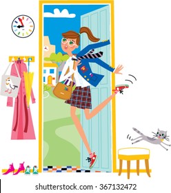 A school girl running late to school. Hurry up to school in the morning. Vector illustration.  Back to school.