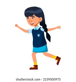 School Girl Running With Positivity Outdoor Vector. Asian Schoolgirl Playing And Running On Playground. Chinese Preteen Character Run Motion Exercise Outside Flat Cartoon Illustration