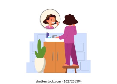 School girl schedule concept. Little girl standing in the bathroom and brush teeth. Idea of health and hygiene. Flat vector illustration