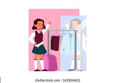 School girl schedule concept. Little girl dressing up to go to school. Student putting on her school uniform. Child schedule, modern lifestyle. Isolated vector illustration in cartoon style