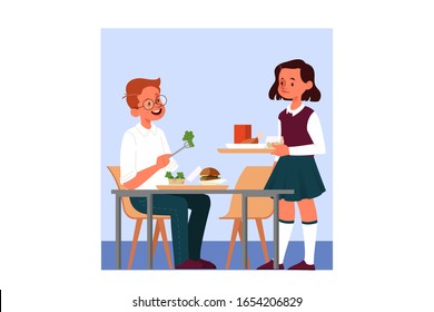 School girl schedule concept. Little children at school. Kid having lunch at school cafeteria. Male person eat food. Boy sitting at the table. Isolated vector illustration in cartoon style