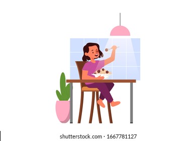 School girl schedule concept. Little boy having a dinner after school. Young male character eat healthy food. Isolated vector illustration in cartoon style