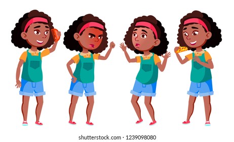 School Girl Set Vector. Black. Afro American. Positive Kid. For Postcard, Cover, Placard Design. Isolated Cartoon Illustration
