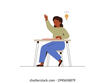 School girl sitting at a desk in a classroom and has an idea. African American female student at the lesson raised her hand and has a lightbulb above her. Concept back to school.Vector illustration.