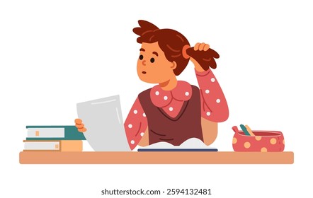 School girl sitting at desk in classroom reading test thinking flat vector illustration isolated on white.