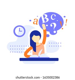 School girl sitting at the desk, raising hand and answering, fun education, subject learning, excellent performance, vector flat illustration