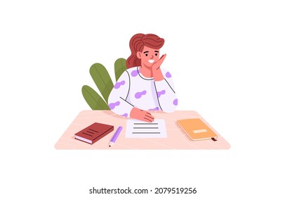 School girl sitting at desk and studying. Happy smiling schoolkid with books and sheet of paper on table. Child doing homework. Positive pupil. Flat vector illustration isolated on white background