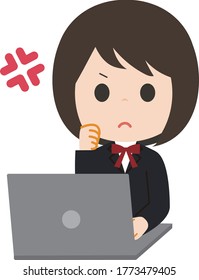 School girl sitting and studying on laptop computer. Vector illustration.
