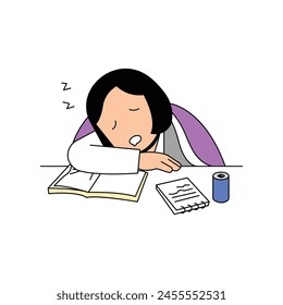 a school girl is sleeping on the desk. she was studying for upcoming exam.  cartoon style illustration clip art. 