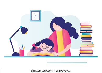 School girl sleeps at workplace. Mother wakes up daughter. Student preparing for school exams or tests. Cute girl fell asleep among textbooks. Concept of education and homework. Vector illustration