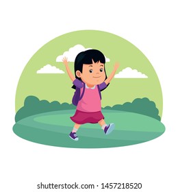 School girl smiling with backpack in nature scenery background ,vector illustration graphic design.