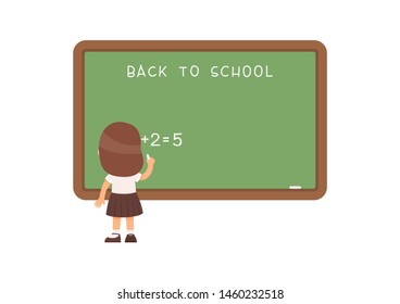 School girl standing at blackboard flat vector illustration. Elementary school pupil solving mathematical exercise near chalkboard cartoon character. Addition and subtraction task on math lesson